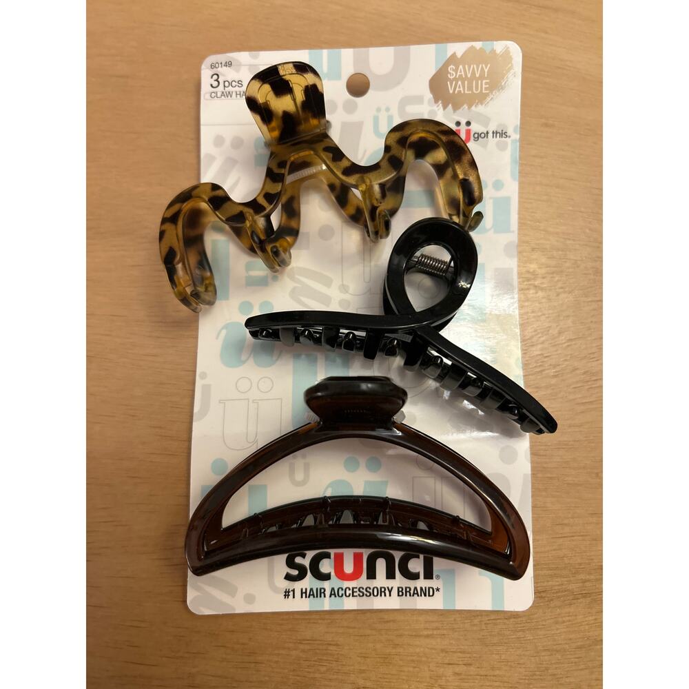 New Scunci 3pc Claw Hair Clips Black Tan & Brown Larger size